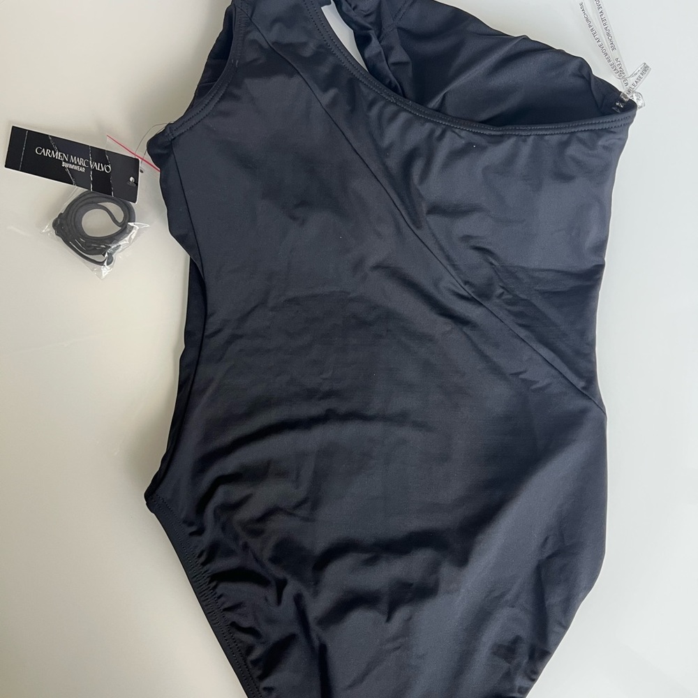 Carmen Marc Valvo One Shoulder Cut Out 1 PC Twisted Tides Palm Black Sz 6 NWT - Picture 2 of 5